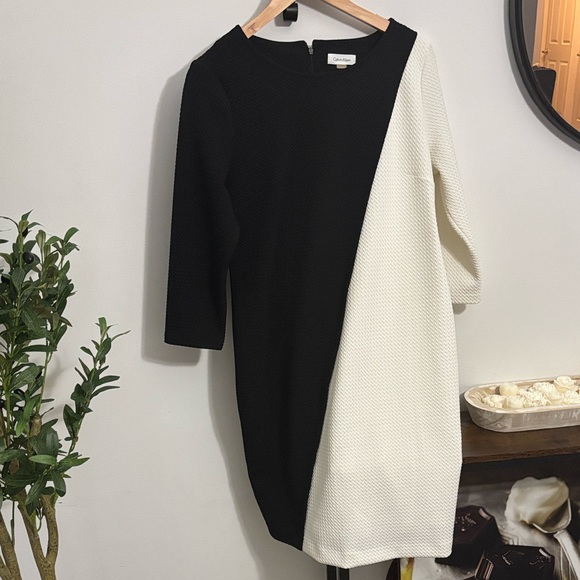 Calvin Klein Black & White Colorblock Sheath Dress Elegant Chic Midi - Picture 3 of 10